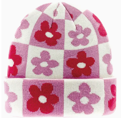 pink checkerboard floral knit beanie