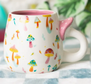 Funky fungi print mug with mushroom handle