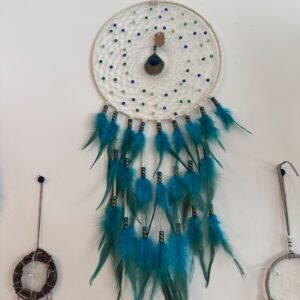 007-white&blue dreamcatcher with peacock feather center