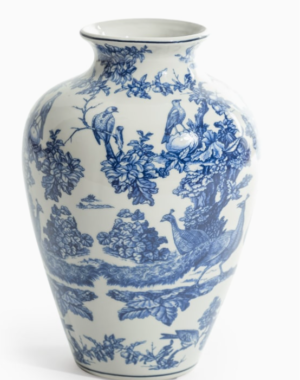 White and blue ceramic tropical bird vase