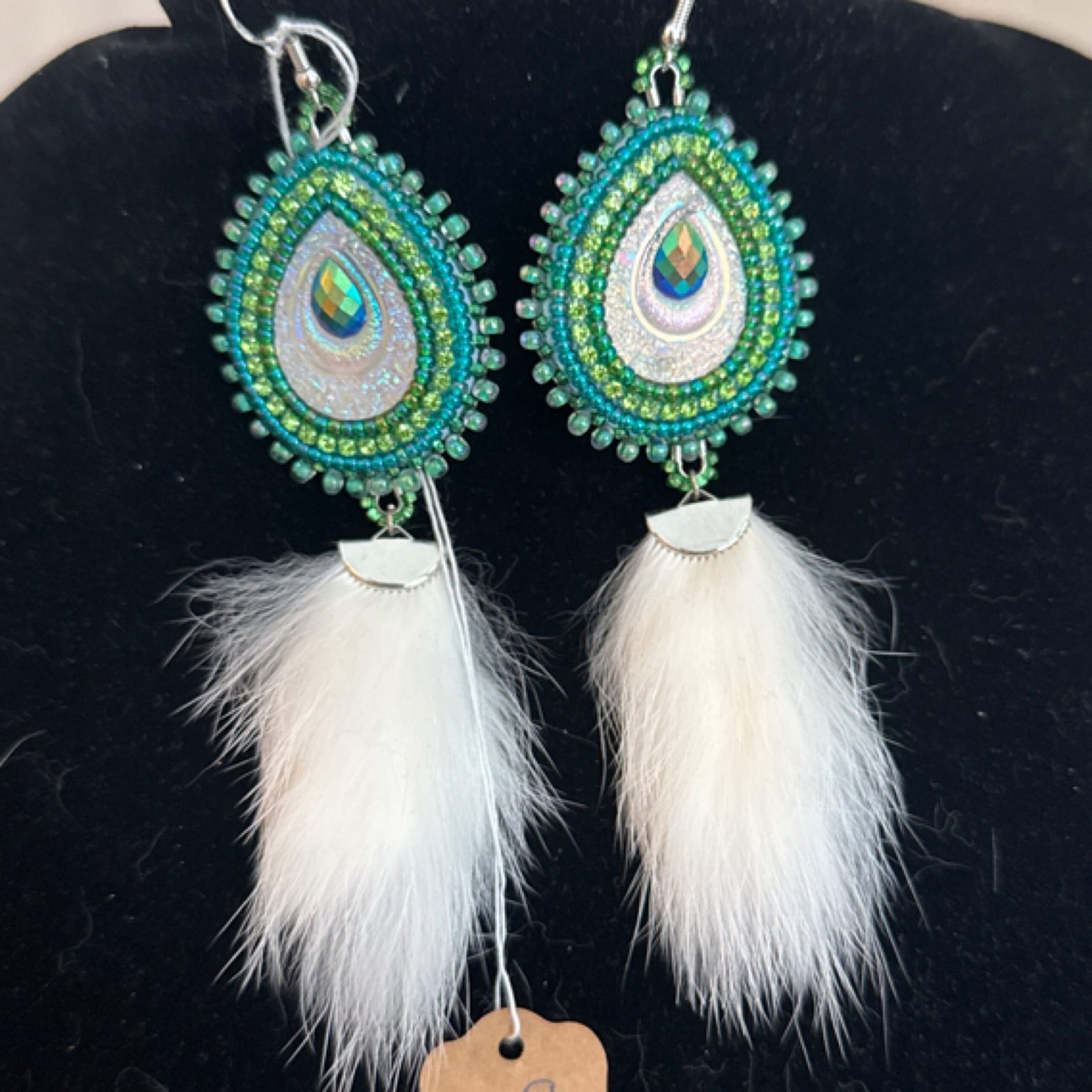 014-rabbit fur+peacock beaded earrings