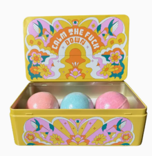 calm the fuck down bath bomb set in reusable tin