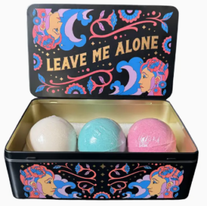 leave me alone bath bomb set with reusable tin