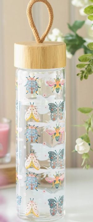 Floral bug print glass water bottle