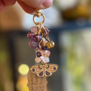 Rose quartz, glass and metal keychain #7