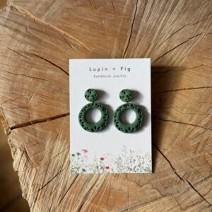 green flower stamped dangling circle polymer clay earrings