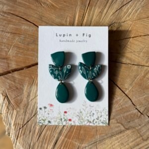 Green abstract dangles with floral print polymer clay earrings