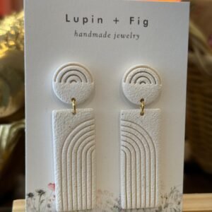 white rectangular arc printed dangly polymer clay earrings