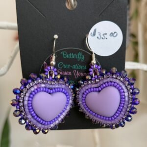 Purple beaded heart earrings- 039