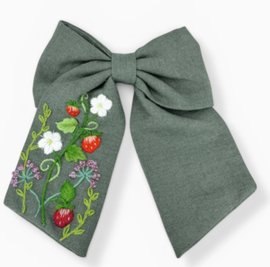 Sage Green Strawberry Embroidered Hairbow Barrette