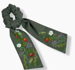 Strawberry hand embroidered scrunchie long tailed