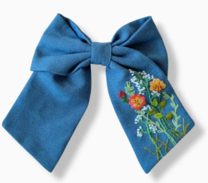 Sunset Bloom Hand Embroidery Blue Hair Barrette | Bright Orange Floral