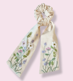 Sweet Bloom Hand Embroidery Scrunchie with long tail