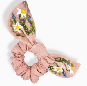 Wildflower Embroidered Dusty Pink Bow Scrunchie